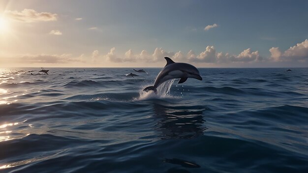 delfines nadando en el océano con un fondo de cielo