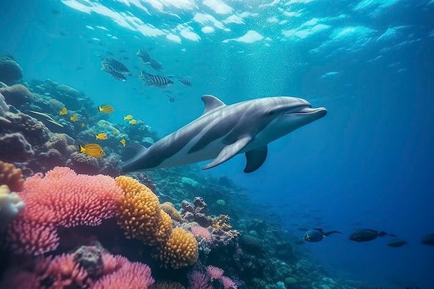 Delfines nadando en el submarino Hermoso coral submarino y colorido en la naturaleza salvaje del Océano Pacífico Generar Ai