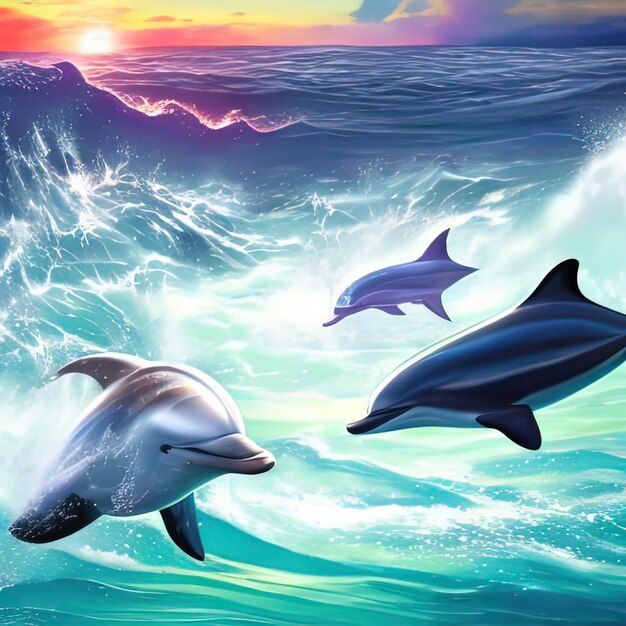 delfines en el océano al atardecer con una ola chocando