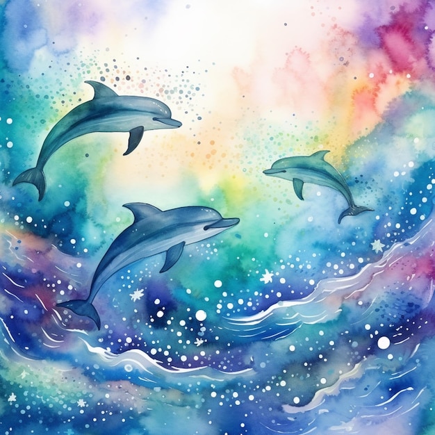 Foto delfines en el océano con un fondo de cielo arcoiris ai generativo