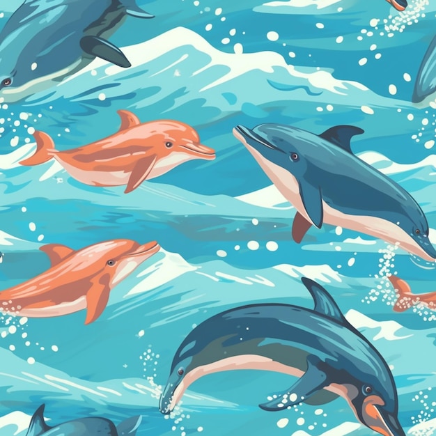 Foto delfines en el océano con olas y burbujas en un fondo azul generativo ai