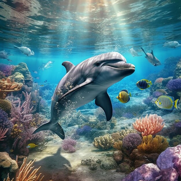 delfines y peces en el océano con rayos de sol y corales generativos ai