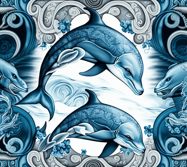 Delfines en una pintura azul y blanca con remolinos y ondas generativas ai