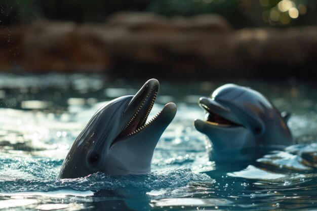 Los delfines en la piscina Retrato en primer plano de dos delfines lindos