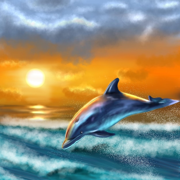Los delfines que nadan en el mar saltan a la superficie al atardecer