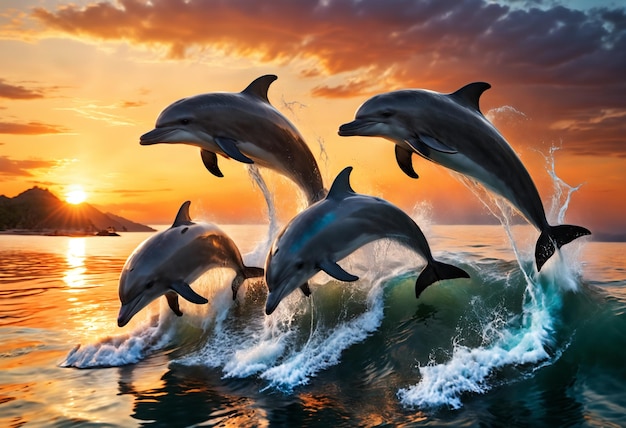 Los delfines saltan del agua al atardecer IA generativa