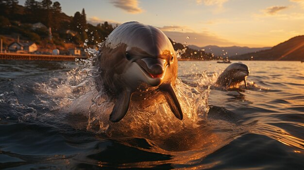 Los delfines saltan del agua en el mar al atardecer