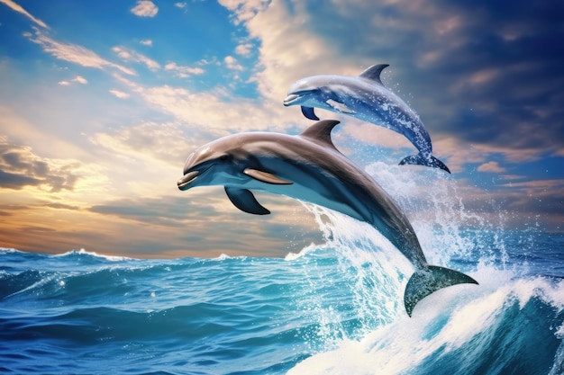 Foto delfines saltando del agua ilustración de renderización 3d delfines saltando alegremente de las olas del océano contra un fondo de cielo azul generado por ia