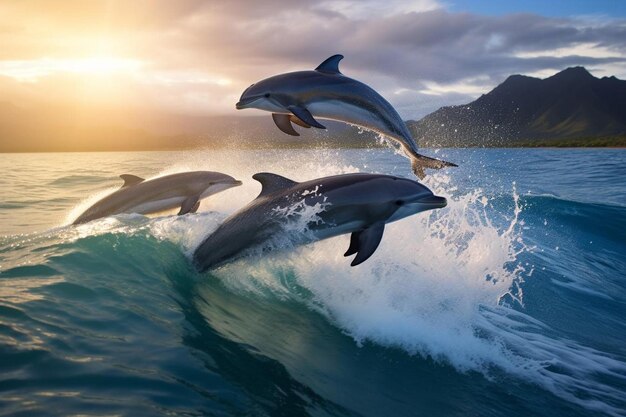 Foto delfines saltando en el agua con montañas en el fondo