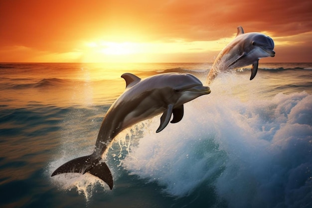 Delfines saltando en el agua con la puesta de sol de fondo