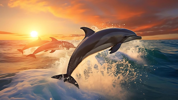 Delfines saltando al atardecer
