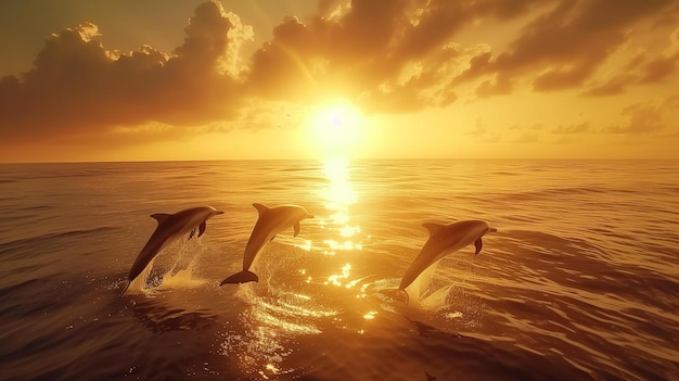 Foto delfines saltando fuera del agua en el mar al atardecer