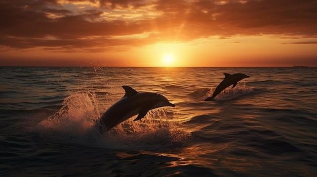 Delfines saltando del mar al atardecer generativo ai