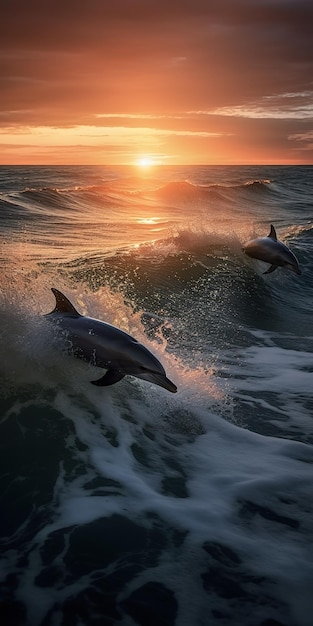 Delfines saltando de las olas al atardecer