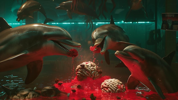 Los delfines zombis se comen cerebros con la Polaroid líquida roja