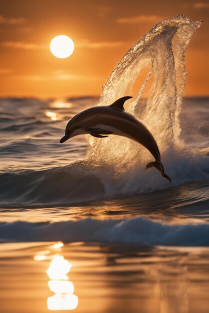 Delfininho brincalhão em Majestic Sunset over the Sea ferramentas de IA gerativas