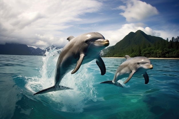 Foto delfinos alegres saltando de aguas cristalinas dibujos animados en 3d delfines juguetones saltando de agua cristalina turquesa con un cielo azul brillante generado por ai