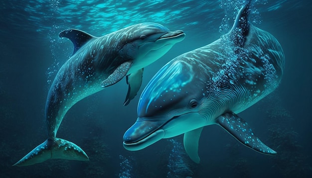 Delfinos em águas azuis limpas