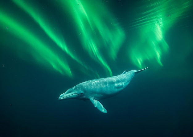 Delfinschwimmen unter den grünen Lichtern der Aurora Borealis