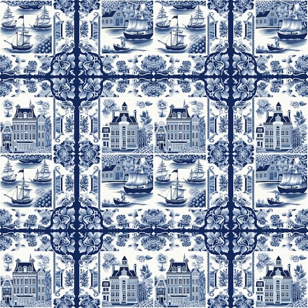 Delft azul holandés de patrones sin fisuras Holanda decoración azul paisajes holandeses casas molinos de viento