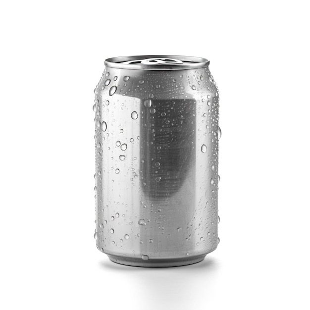 Una delgada lata de bebida de aluminio húmedo con una gota de agua aislada en una maqueta de fondo blanco