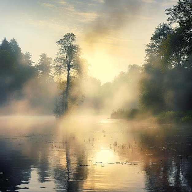 Foto una delgada niebla se levanta sobre el lago a medida que el sol se levanta temprano en la mañana