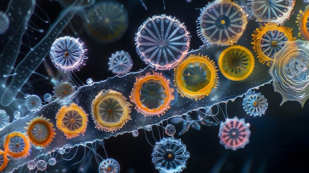 Foto una delicada cadena de diatomeas, cada una de las cuales es visible a simple vista, se revela bajo el microscopio.