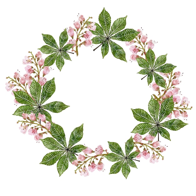 Delicada corona de hojas y flores de castaño Composición floral Ilustración acuarela