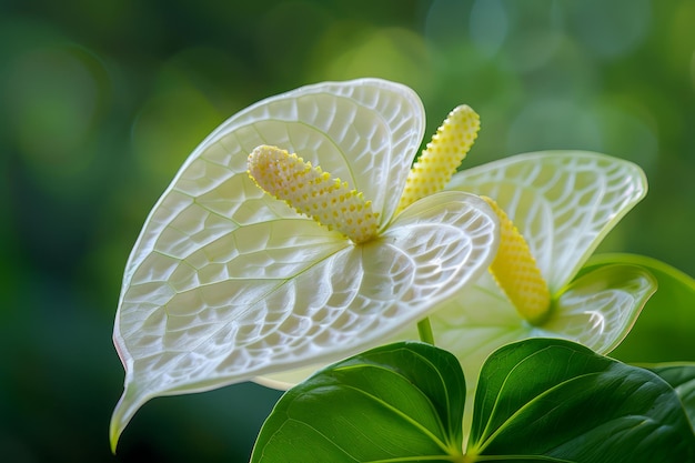 Delicada flor de antúrio branco com folhas verdes na luz etérea do jardim