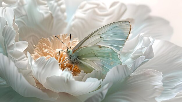 Foto delicada flor de la peonía de la gardenia con mariposa descansando en blanco