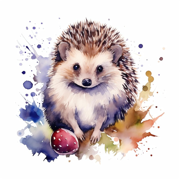 Delicada ilustración de acuarela generada por IA de Cute Woodland Hedgehog sobre fondo blanco