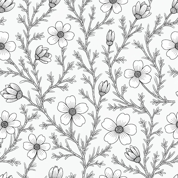 Delicada ilustración floral de las flores y brotes del Cosmos