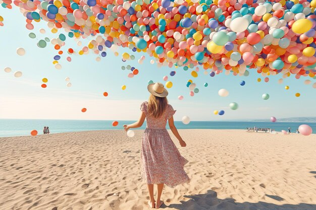 Delicada ilustración de una mujer sosteniendo varios globos en la playa en un estilo contemporáneo ideal para representar el verano IA generativa