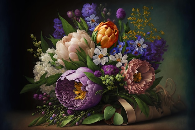 Delicada ilustración realista Un ramo de jardín y flores silvestres.