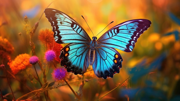Una delicada mariposa posada en una vibrante flor silvestre en un prado iluminado por el sol