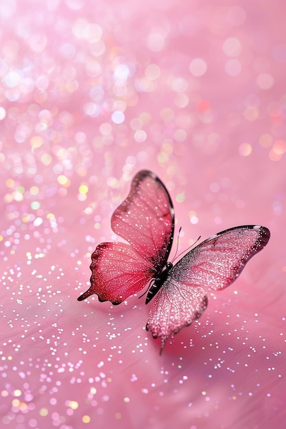 Foto una delicada mariposa rosada con brillo brillante en un fondo bokeh de ensueño perfecta para anuncios de bebés temas de primavera o elementos de diseño encantadores copiar espacio para texto ia generativa