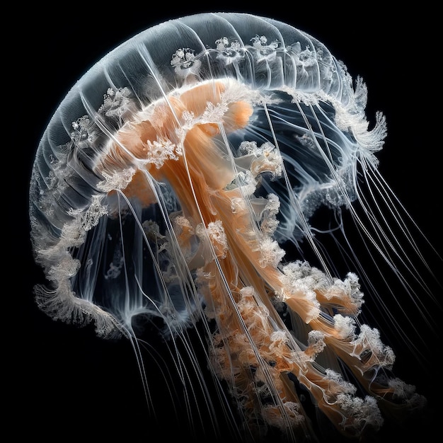 Foto una delicada medusa con intrincados tentáculos contra un fondo oscuro