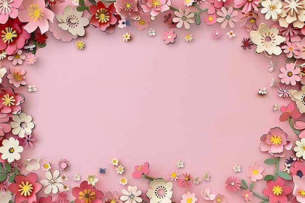 Delicada moldura floral de corte de papel com flores e pétalas vibrantes adornando um fundo rosa suave