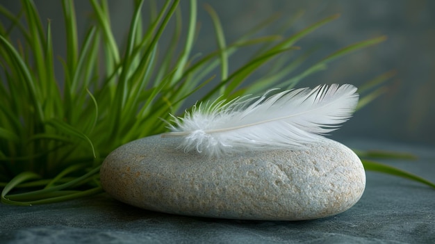 Una delicada pluma descansando en una piedra lisa rodeada de tiernos brotes de hierba verde
