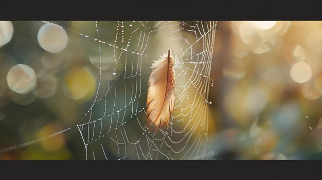 Foto una delicada pluma es atrapada en una red de araña creando una hermosa e intrincada obra de arte