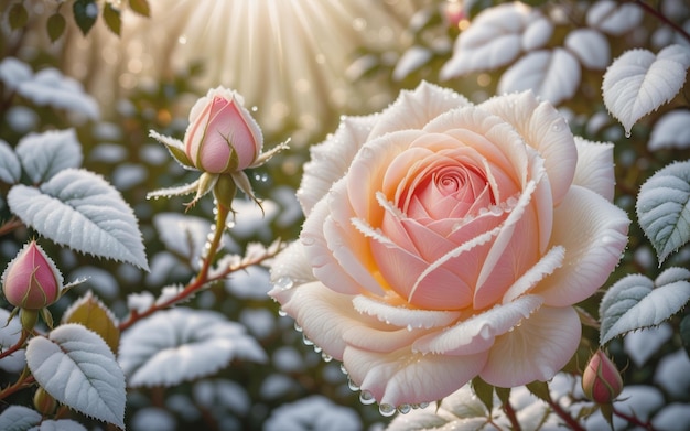 Una delicada rosa escondida dentro de un denso arbusto.