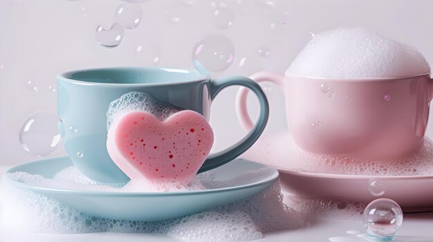 Delicada taza de café pastel con espuma en forma de corazón ideal para el día de San Valentín elegante decoración del hogar AI