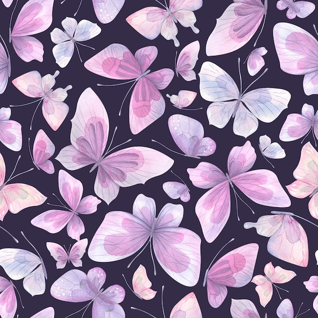 Delicadas borboletas lilás e roxas em um fundo escuro Ilustração de aquarela Padrão sem emenda Para tecidos têxteis papel de parede capas estampas roupas roupas de cama infantil e feminina