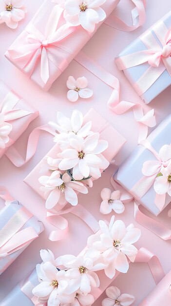 Foto delicadas cajas de regalo rosadas con flores blancas composición suave y romántica tarjetas de felicitación celebraciones