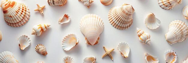 Delicadas conchas marinas dibujadas a mano elegante fondo de playa de verano blanco y beige