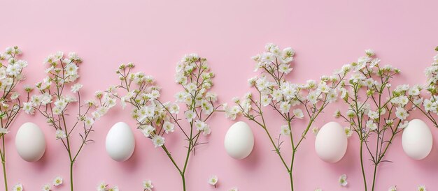 Delicadas flores arregladas con huevos de pollo en un fondo rosado para la Pascua capturadas desde arriba