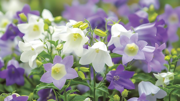 Delicadas flores de Campanula en un enfoque suave La imagen captura la belleza de la naturaleza y los intrincados detalles de las flores