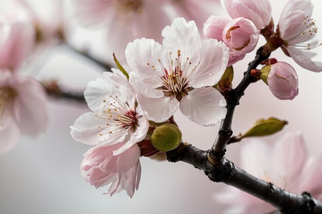 Delicadas flores de cerezo con gotas de rocío