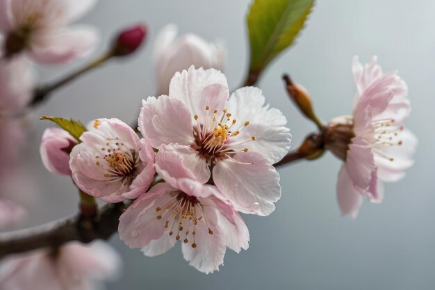 Delicadas flores de cerezo con gotas de rocío