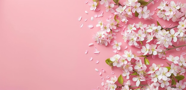 Delicadas flores de cerezo rosadas esparcidas sobre un suave fondo rosado creando una atmósfera serena y vibrante de primavera